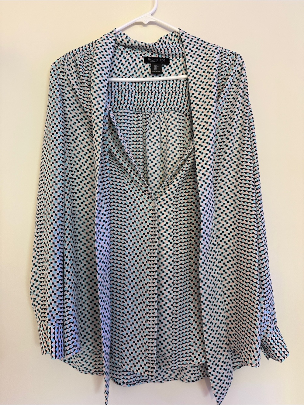 Rachel Zoe White Blouse with Black Geometric Print and Teal Accents